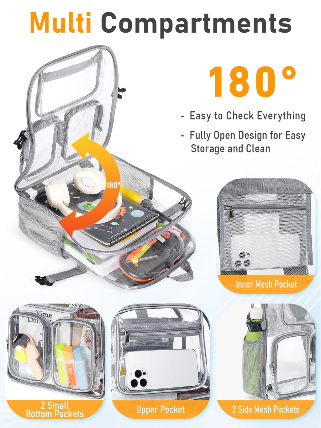 Clear Backpack for School, 17" Large Clear Bookbag with Reflective