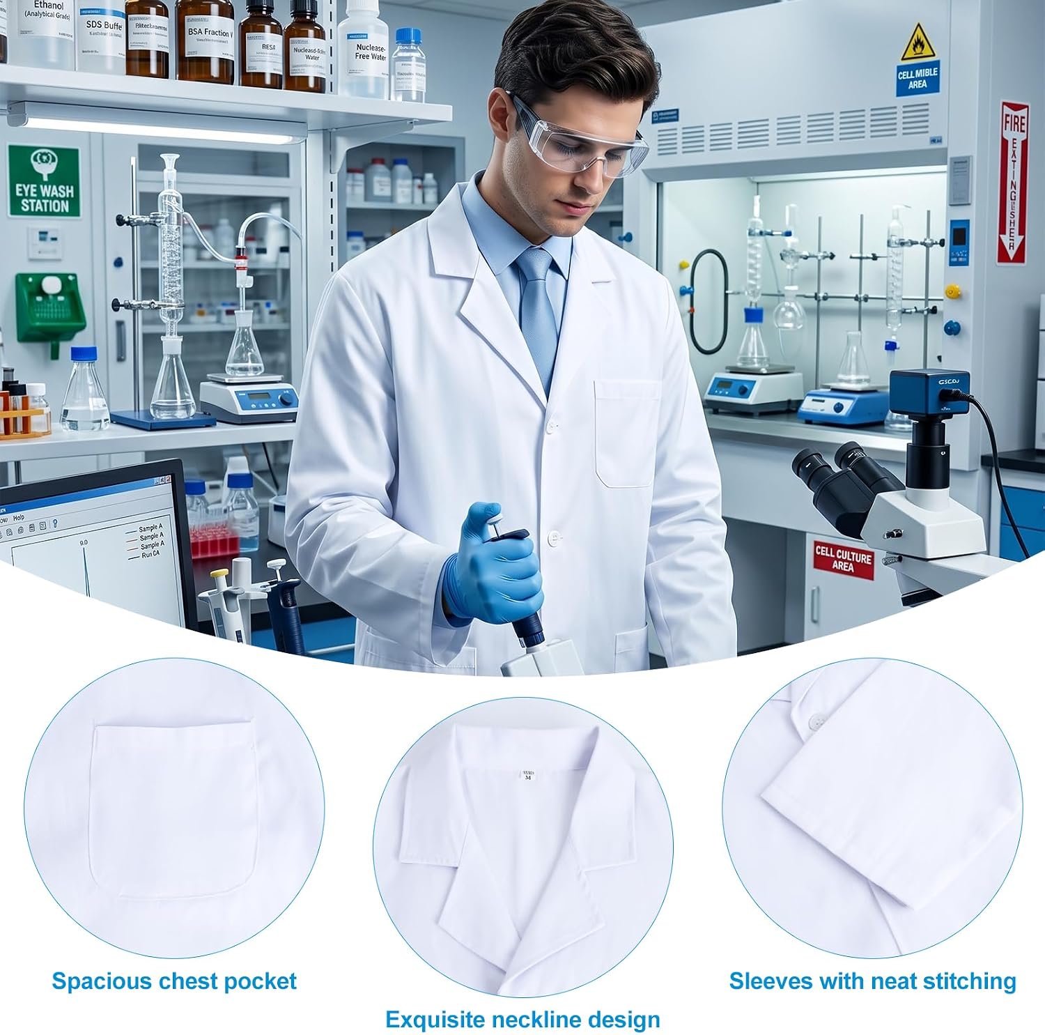 White Lab Coat Men,Doctor Costume Adult,Halloween Costumes for Men | Medical Lab Coat,Thick,3 Pocket,Long