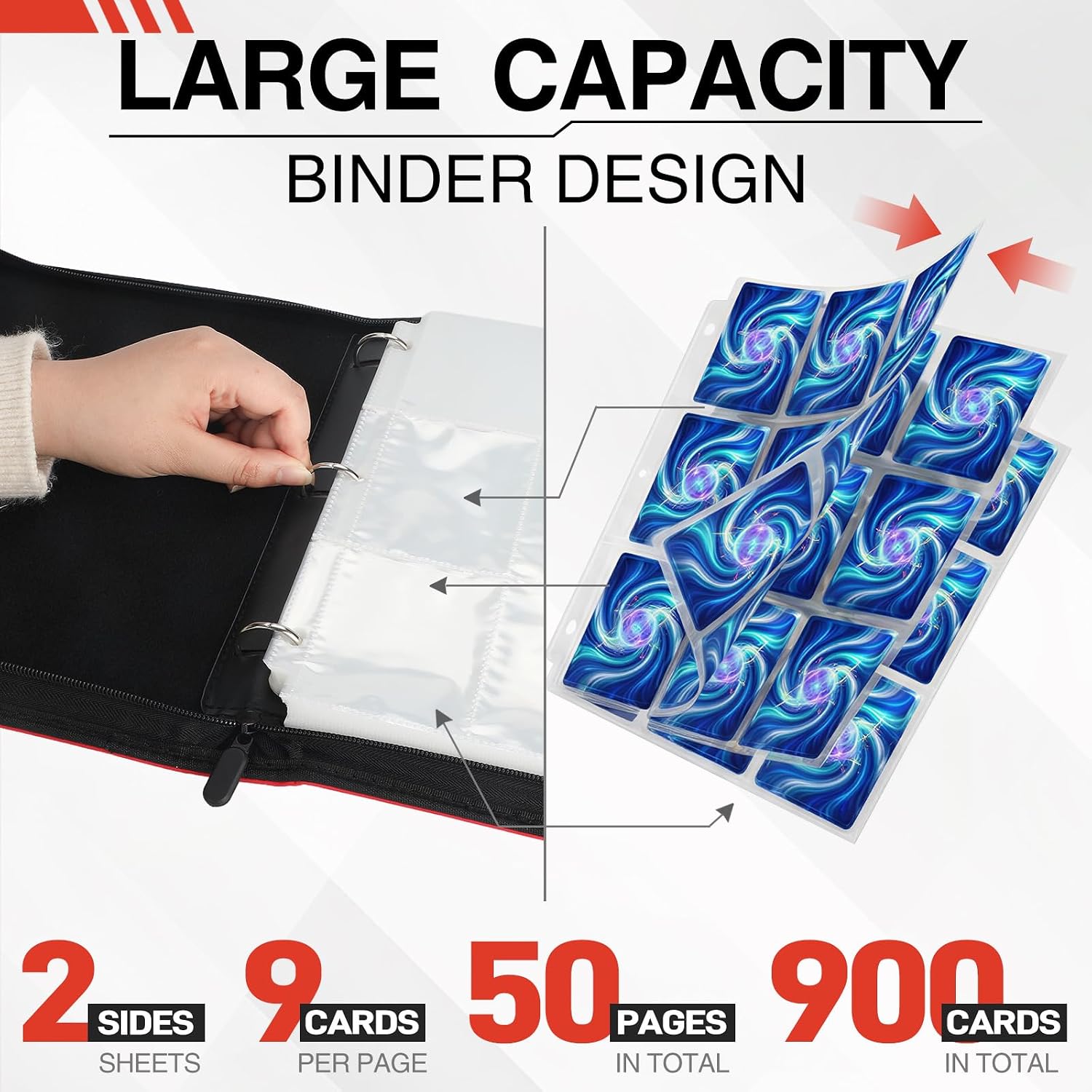9 Pocket Trading Card Binder, 900 Cards Zip Album, Red | 50 Pcs Double Sided Sleeves, 3 Rings, Card Collection for