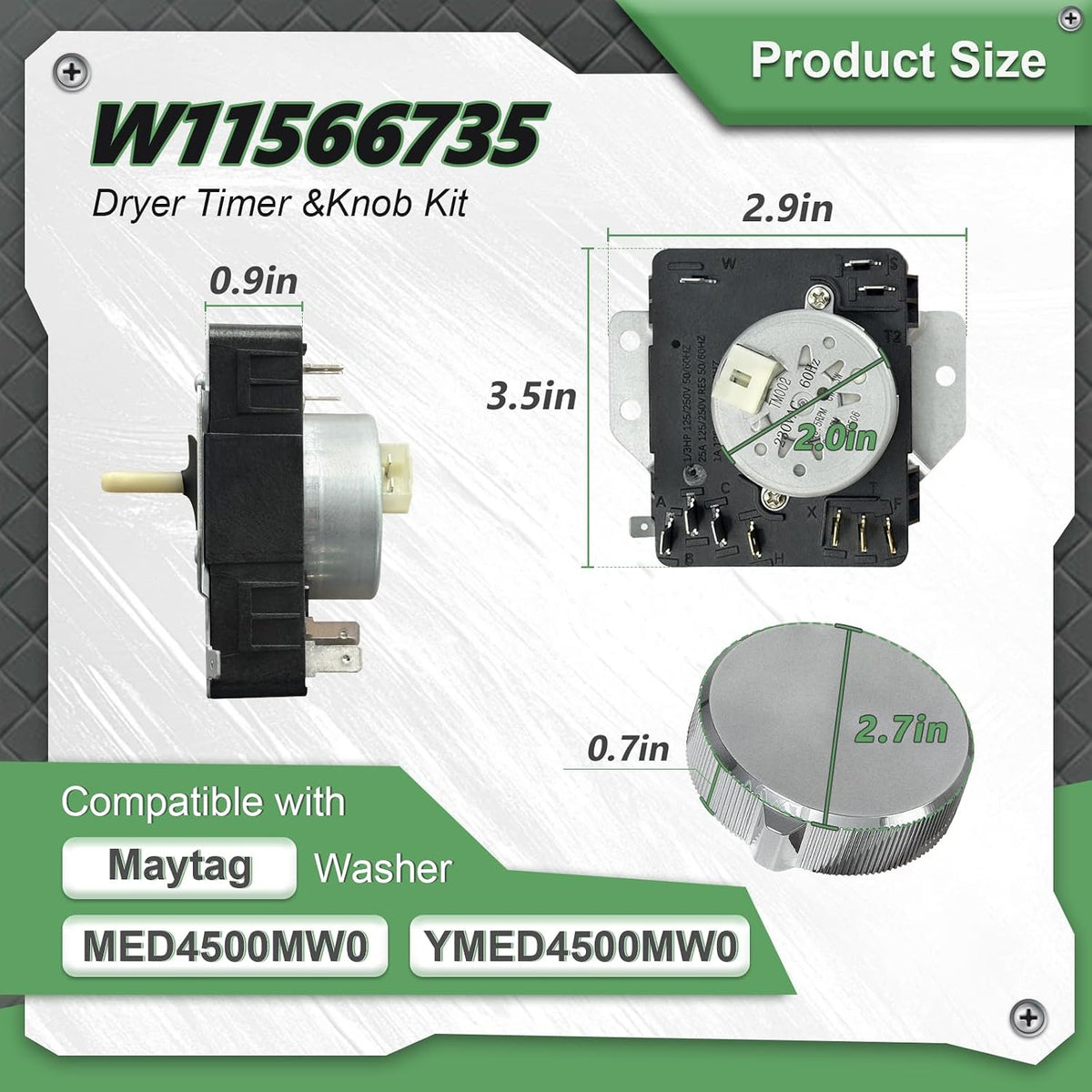 W11566735 W11685947 Dryer Timer & Knob Kit, Replacement Part 4981088 AP7215858 PS17216594 EAP17216594 FIX17216594 Robert Shaw 162-428-1 PD00083293, Compatible with Maytag MED4500MW0 YMED4500MW0