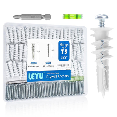 LEYU 140PCS Self Drilling Drywall Anchors and Screws Kit #8 x 1-1/4”, Heavy Duty Sheetrock Anchors for Hanging Shelves,Picture Frames,Curtains, No Pre-Drilling, Plastic Dry Wall Anchors
