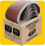 3 x 21 Inch 80 Grit Sanding Belt | Premium Aluminum Oxide Sanding Belt | Premium Sander Sandpaper – 12 Pack