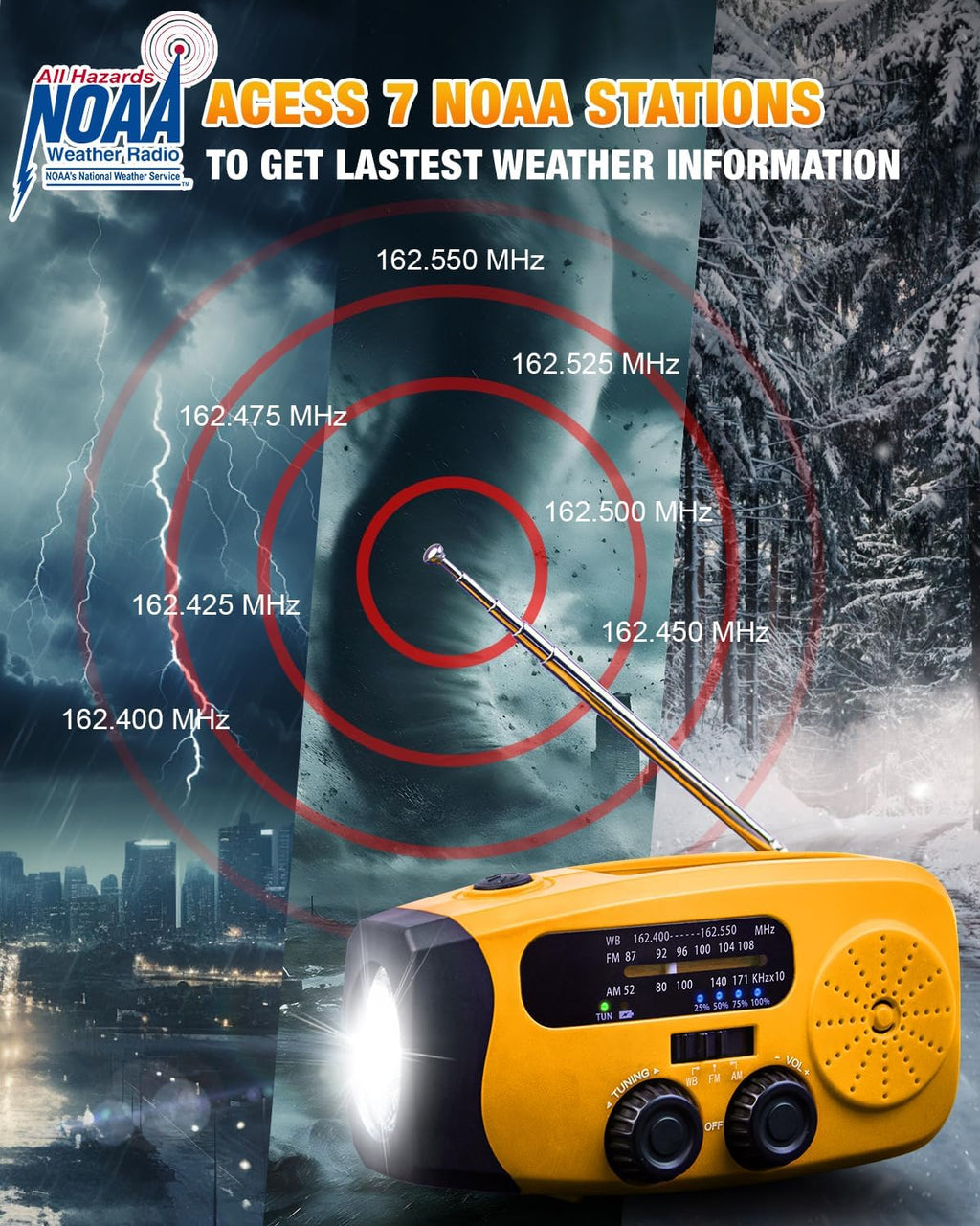 Hand Crank Radio with AM/FM/NOAA Weather Bands,for Emergencies, Camping | 3 LED Flashlights,SOS Function,Solar