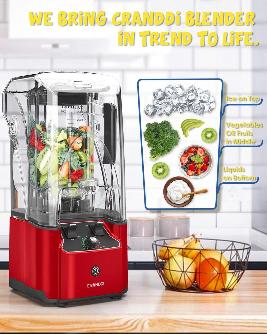 Quiet Commercial Blender with Soundproof Shield, 2200 Watt Professional Blenders for Kitchen with 80oz Pitcher and