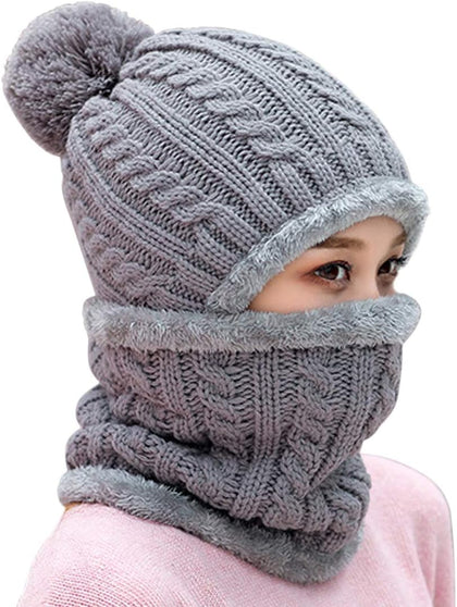 Women Winter Knit Beanie Hats One Piece Fleece Lined Balaclavas | Lady winter Earmuff Hooded Ski Snow Hat Pom Pom
