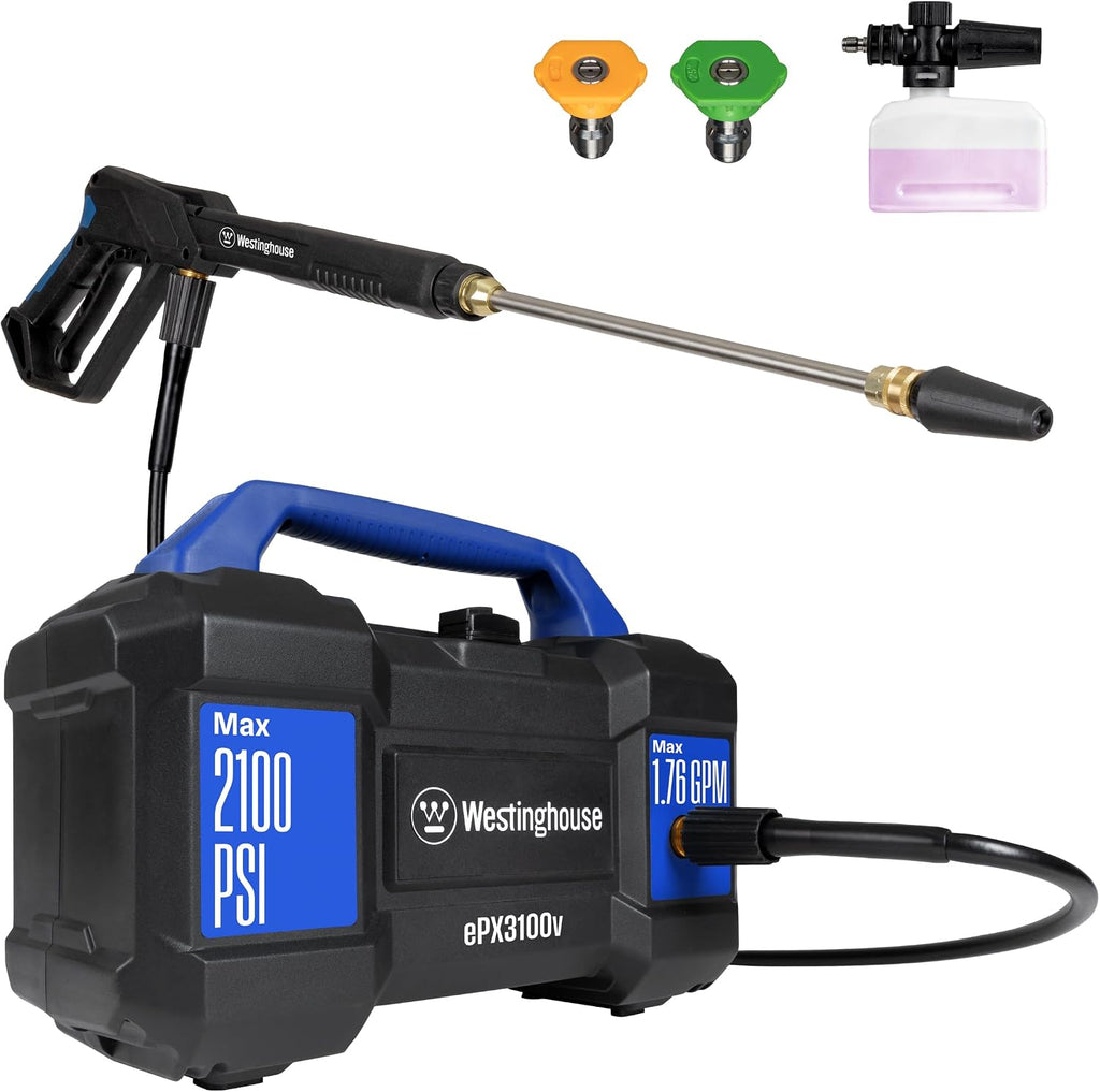 ePX3100v Electric Pressure Washer, 2100 Max PSI 1.76 Max GPM, Built-in Carry Handle, Detachable Foam Cannon