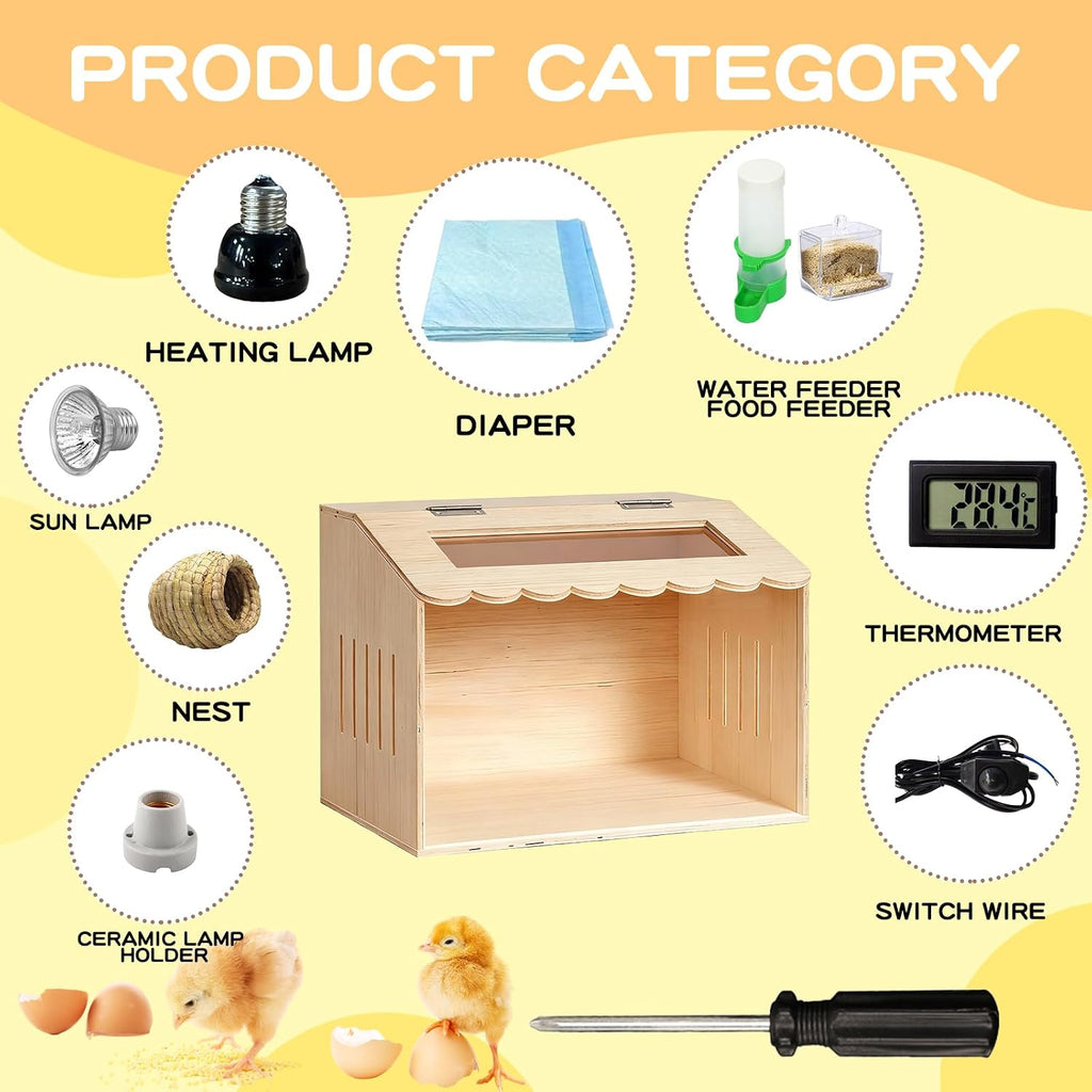 Wooden Chicken Brooder Box Kit with Heating Lamp, Thermometer, Food & Water Feeders, 15.7x11.8x11.8 Inch, Complete