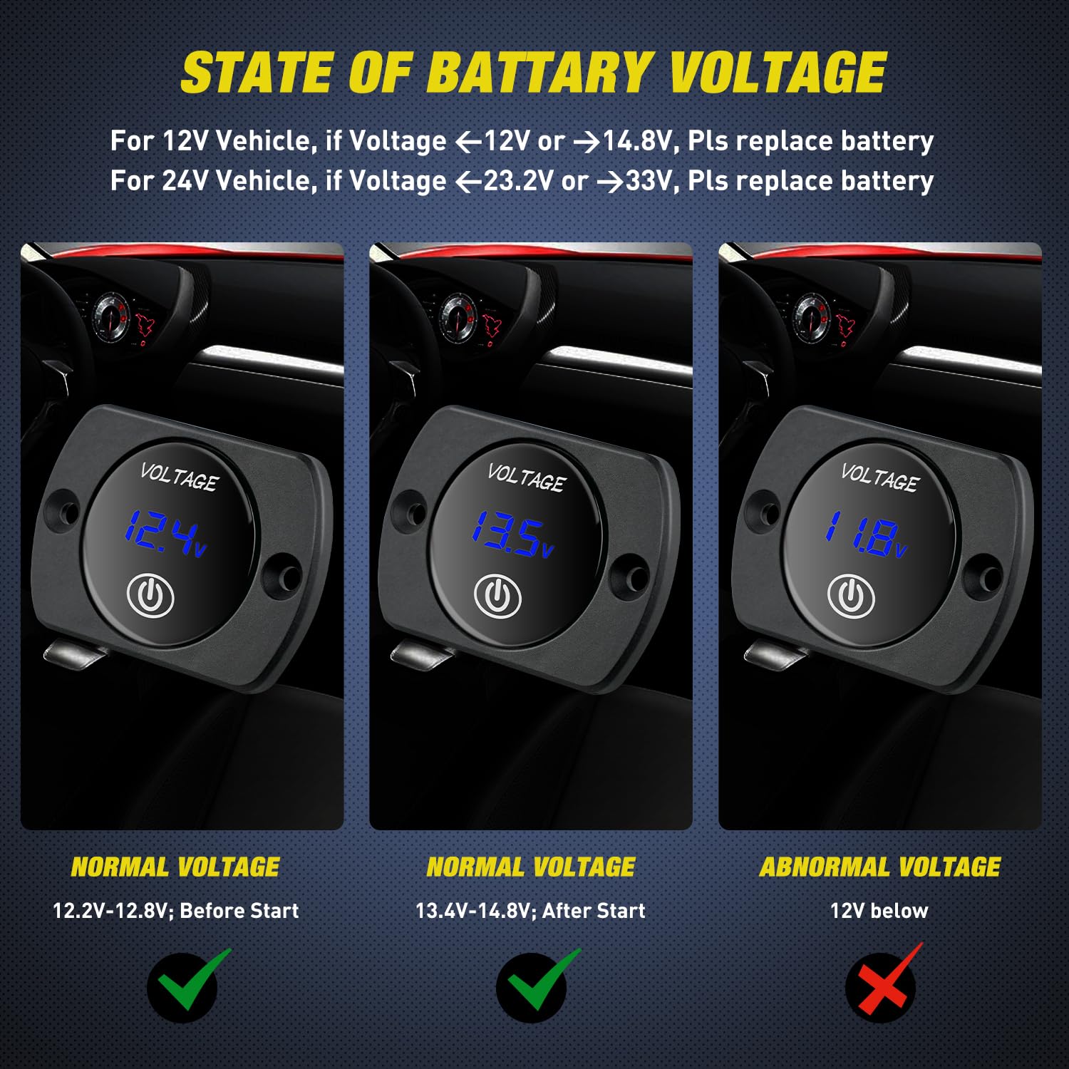12V LED Display Voltmeter with Touch Switch Waterproof | Digital Voltage Gauge Panel Meter Battery Monitor Board