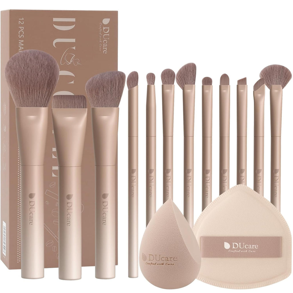 14pcs Makeup Gift Set,12Pcs Coffee Series Makeup Brush set with 2pcs Makeup Sponges Foundation Blending Face Powder