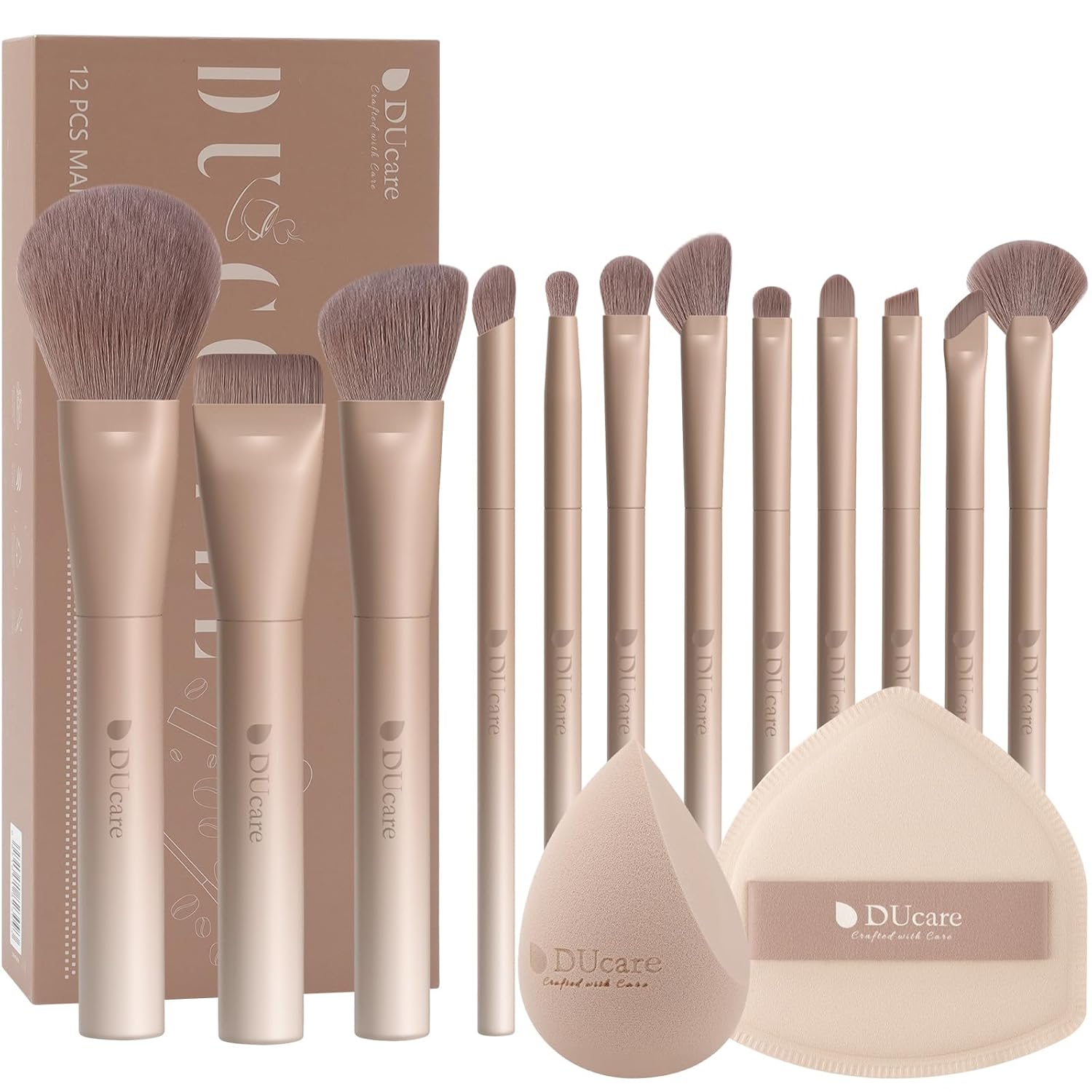 14pcs Makeup Gift Set,12Pcs Coffee Series Makeup Brush set with 2pcs Makeup Sponges Foundation Blending Face Powder