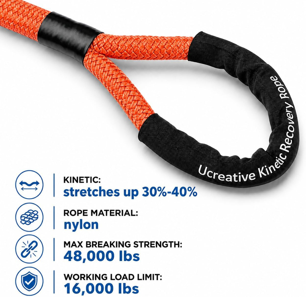 1" x 30' Kinetic Rope & 2PCS Synthetic Soft Shackles Kit Orange