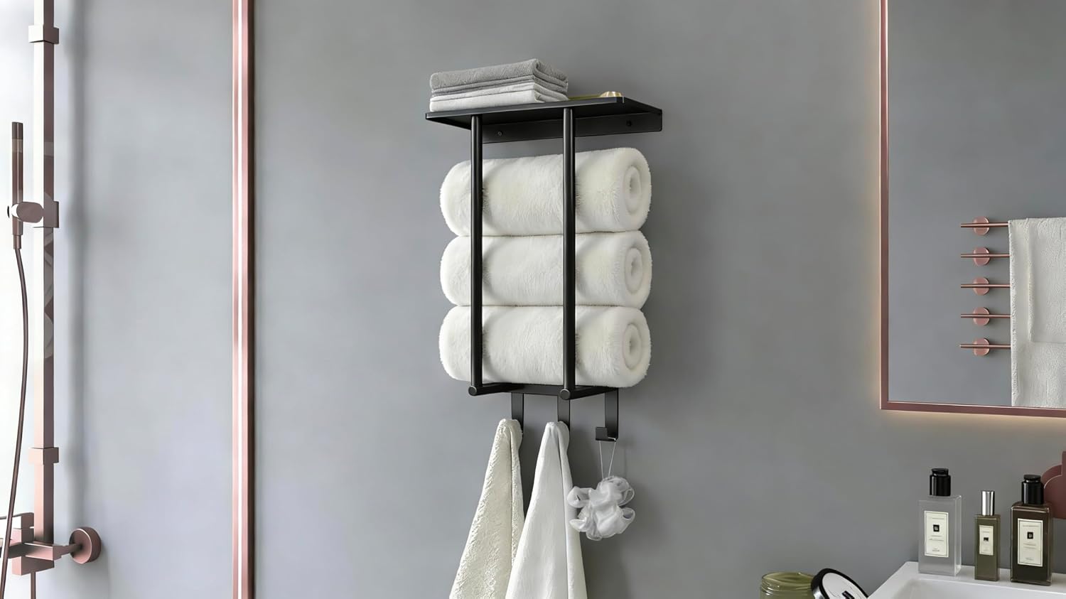 Towel Racks for Bathroom Wall, Black Small Towel Holder with Hooks | Stainless Steel Towel Shelf and 3 Hooks for