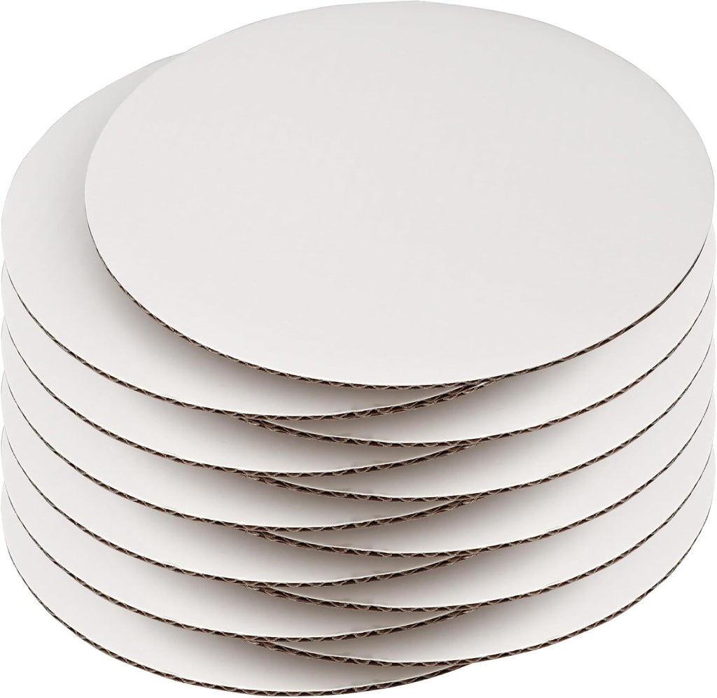 8 Inch White Round Cake Boards - Circle Cardboard Base, Sturdy Corrugated, Disposable Plates 12-Pack