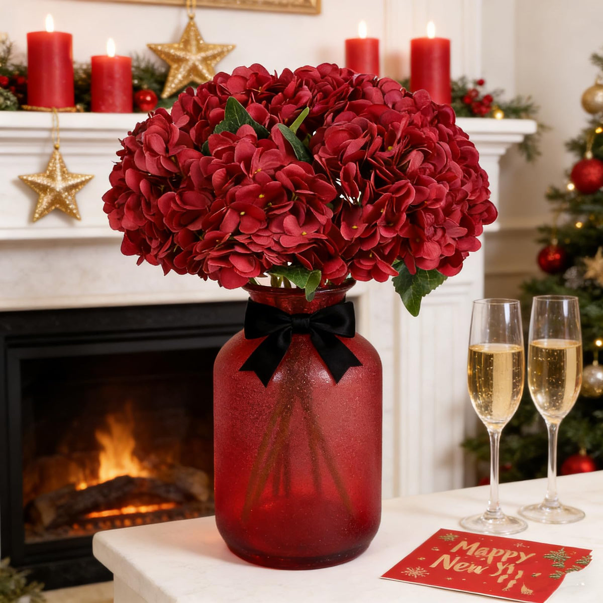 6Pcs Hydrangea Artificial Flowers Silk Hydrangeas,Dark Red