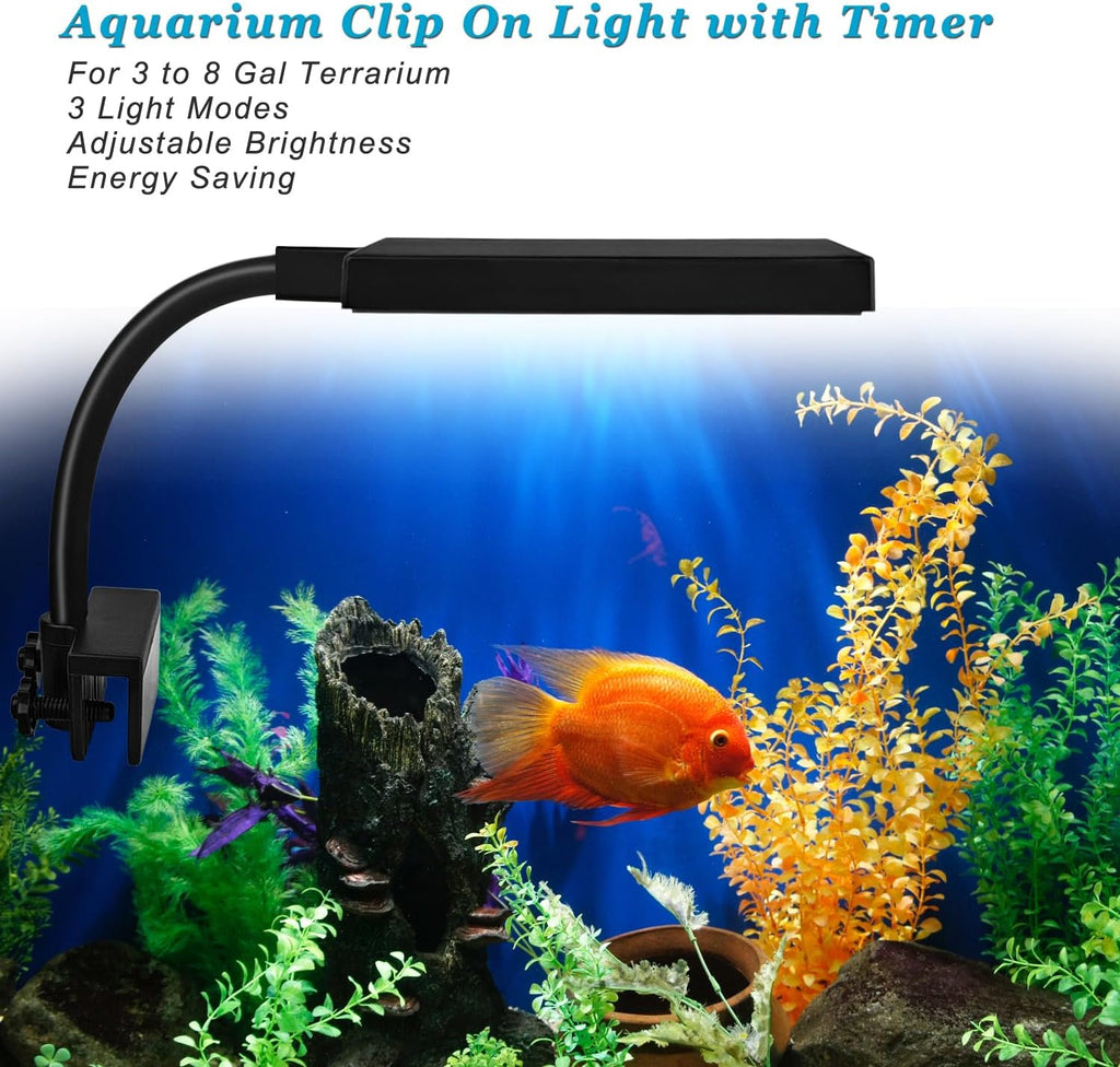 Clip On Aquarium Light with Timer for 3 to 8 Gal Fish Tank (Dimmable Full Spectrum LED) USB Moving Lamp for Open