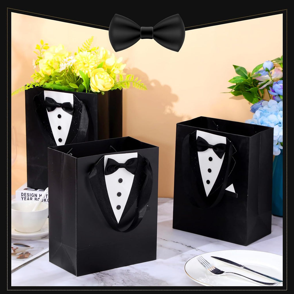 8 Pcs Groomsmen Gift Bags with 3D Tuxedo Design 8 x 4.5 x 10 Inch with Handle Groomsmen Paper Gift Bags for Wedding