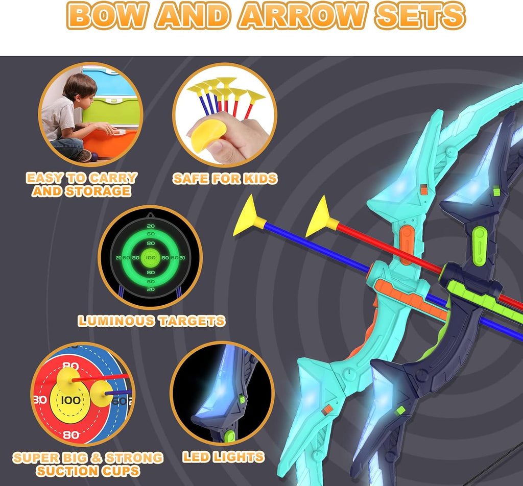 2 Pack Kids Bow and Arrow Set with LED Flash Lights, 14 Suction Cup Arrows and Fluorescence Standing Target-Perfect