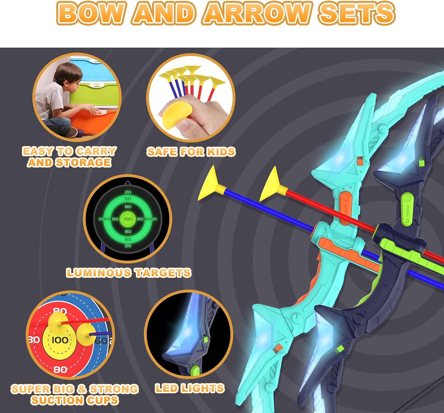 2 Pack Kids Bow and Arrow Set with LED Flash Lights, 14 Suction Cup Arrows and Fluorescence Standing Target-Perfect