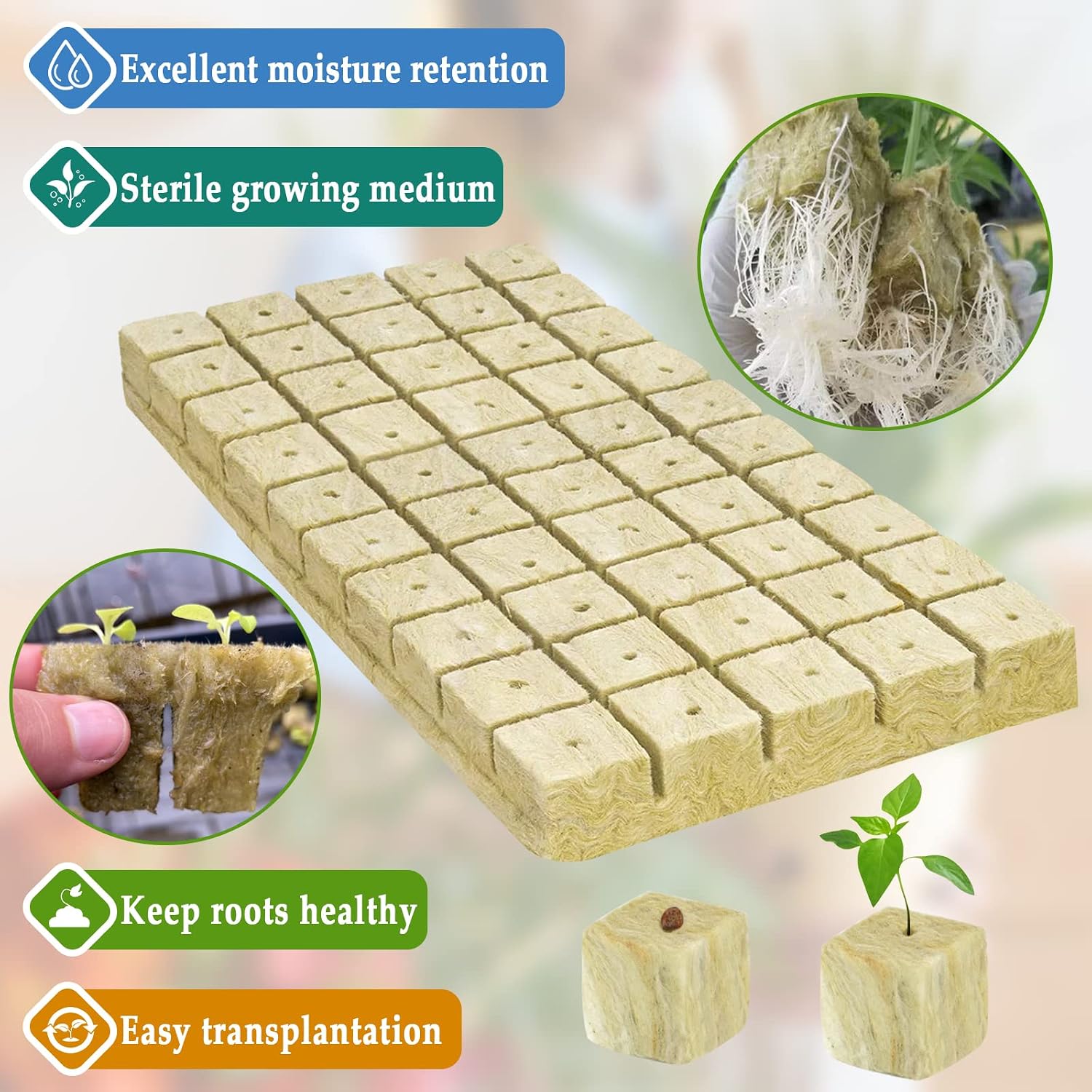 1 Inch Rockwool Cubes Seed Starter Plugs for Hydroponics, 200 Plugs | Promotes Germination Rate & Root Growth