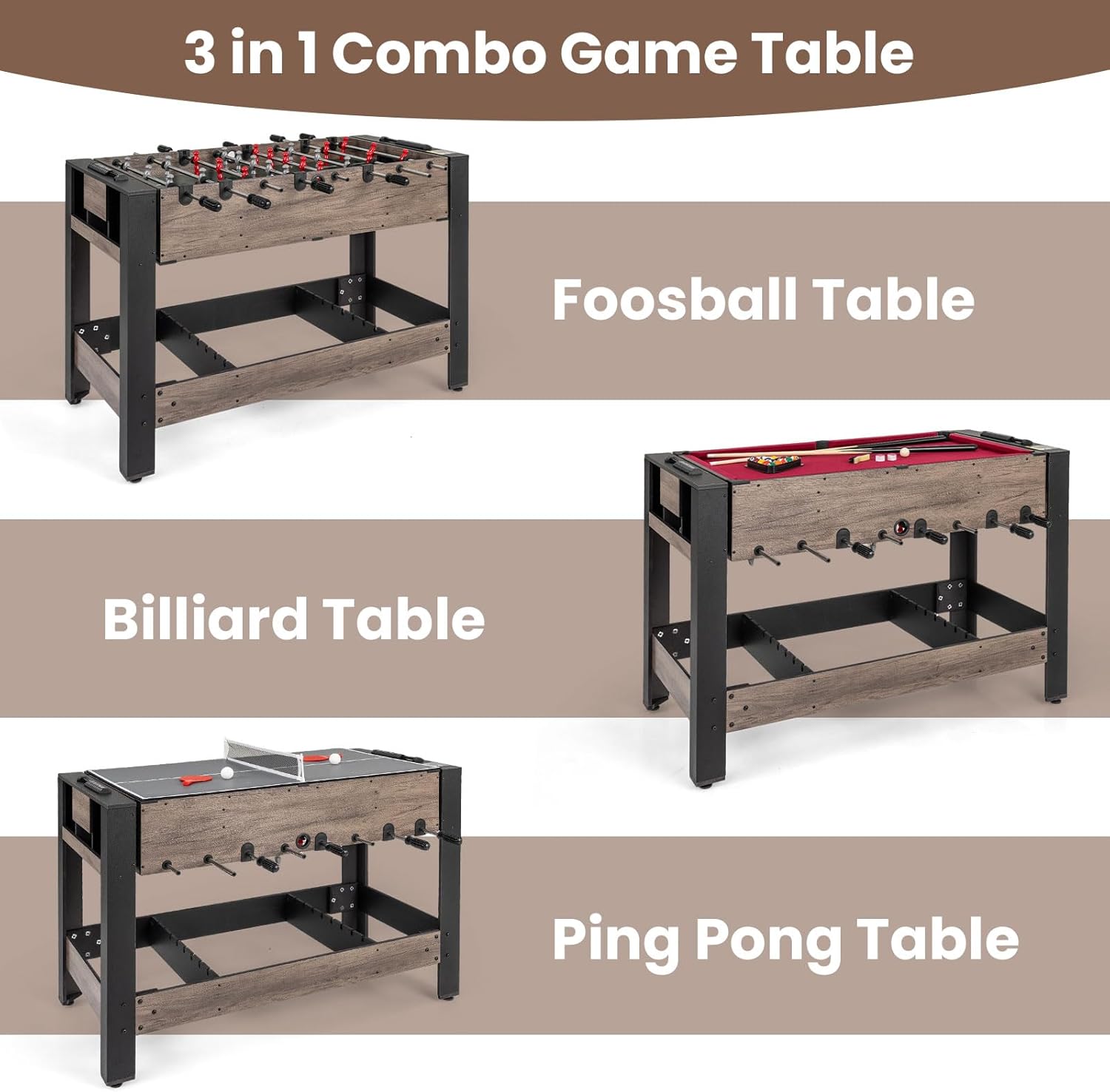 3 in 1 Multi Game Table, Swivel Combo Game Table with Foosball, Billiards & Table Tennis, Rod Storage Rack