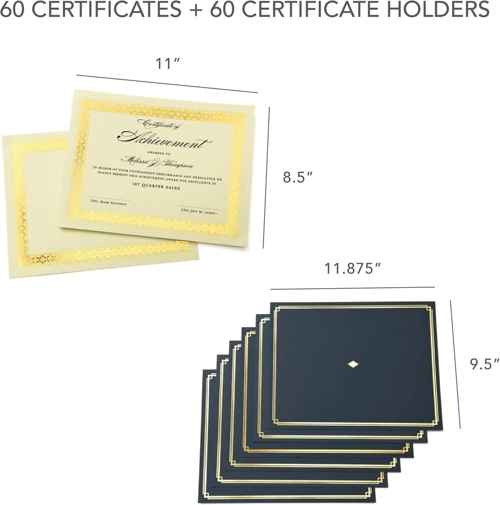 Certificate Kit, 60 Black Holders + 60 Papers, Black & Gold | 60ct black certificate holders & 8.5" x 11"