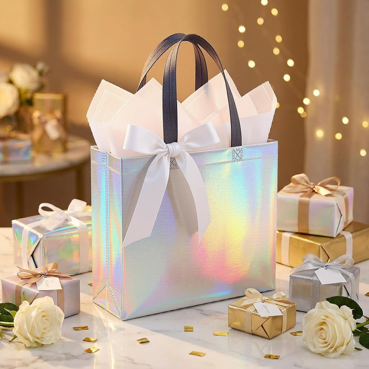 Glossy Iridescent Gift Bags with Handle, Non-woven, Reusable, Sturdy Base, 20-Pack, for Birthday, Wedding, Easter
