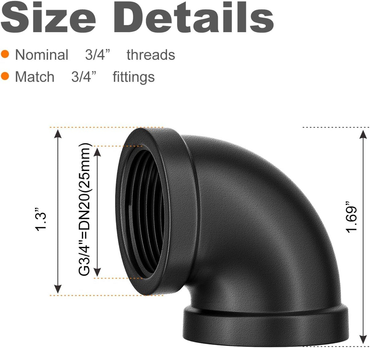 Malleable Elbow Threaded Pipe Fittings,Black,3/4",2-Pack.