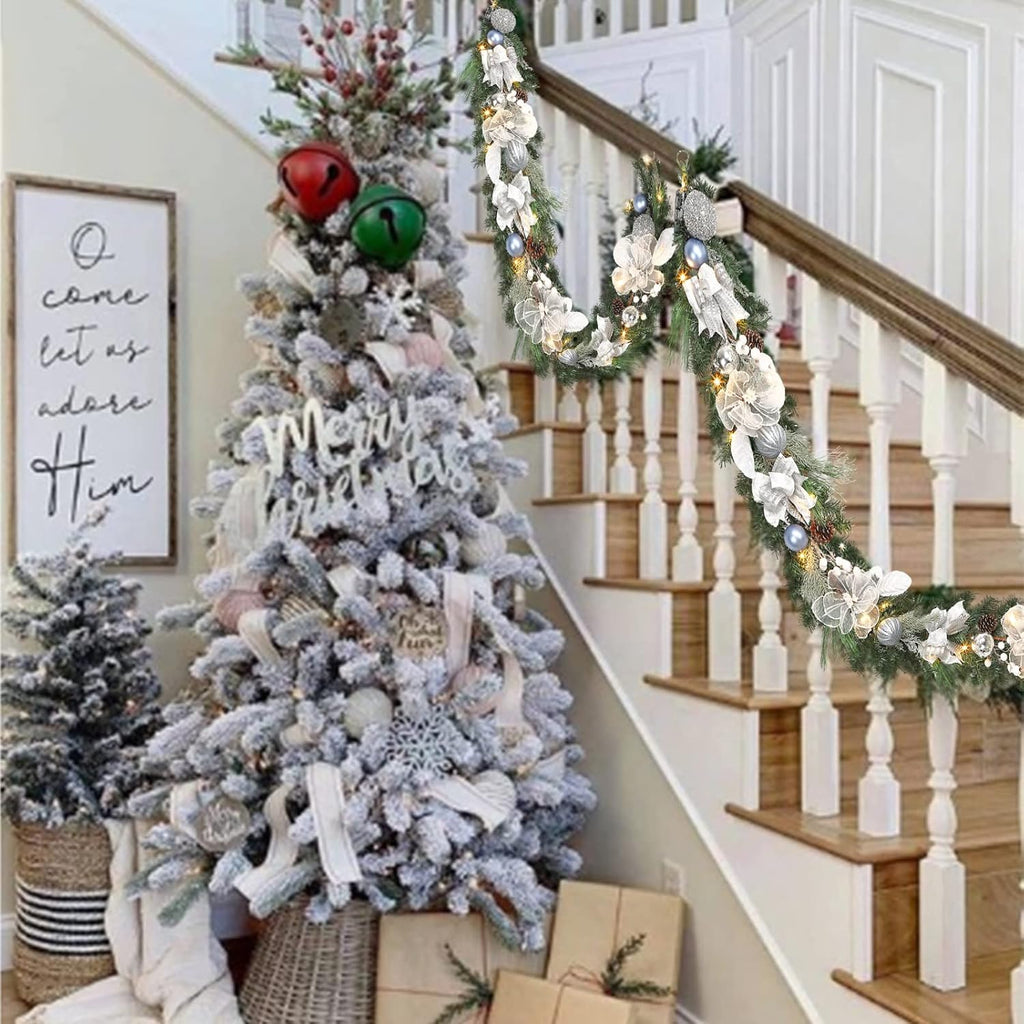 Pre-lit 6 feet Winter White Silver Christmas Garland Decor 20 LED Lights,Garland with Balls and Ribbon Bow,Xmas