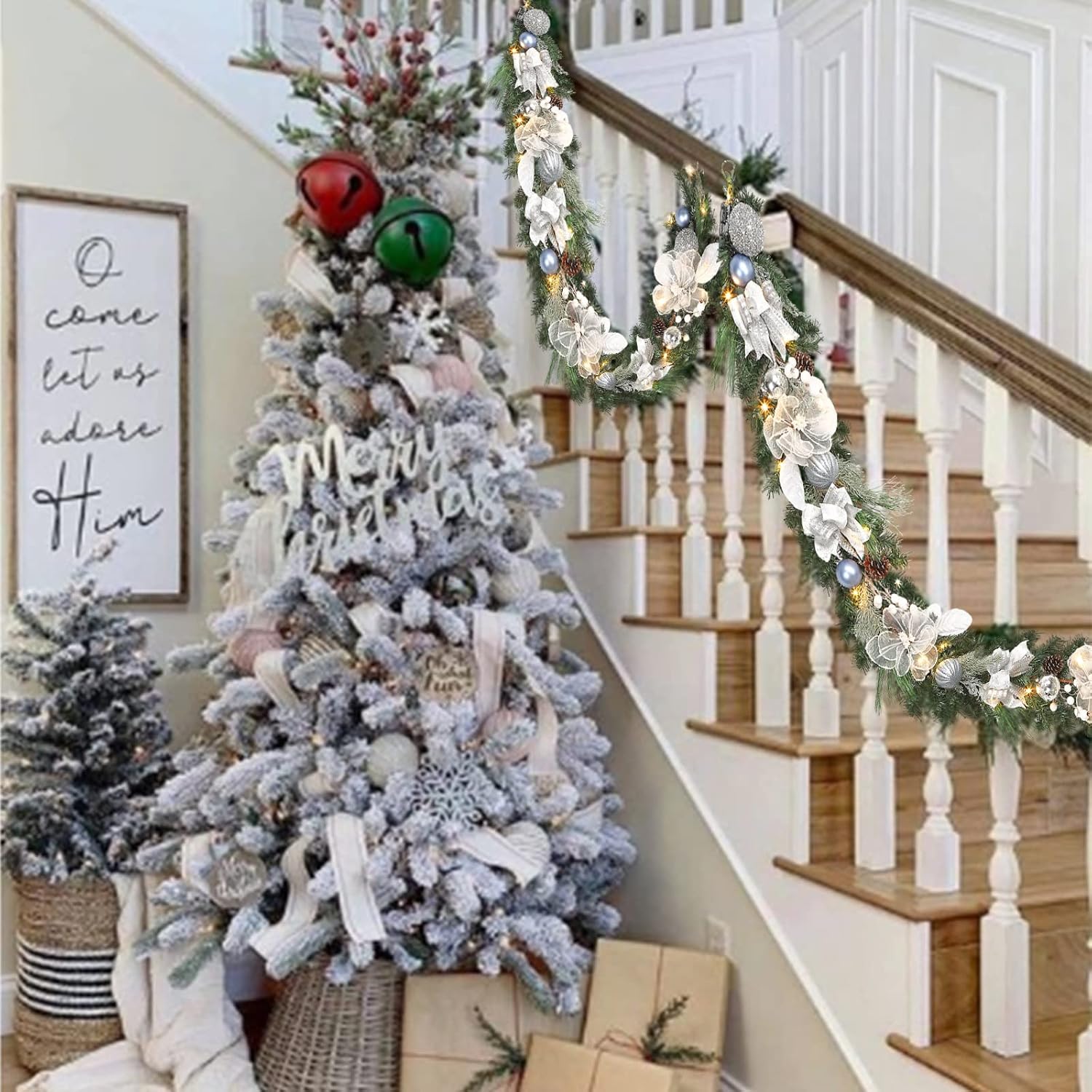 Pre-lit 6 feet Winter White Silver Christmas Garland Decor 20 LED Lights,Garland with Balls and Ribbon Bow,Xmas