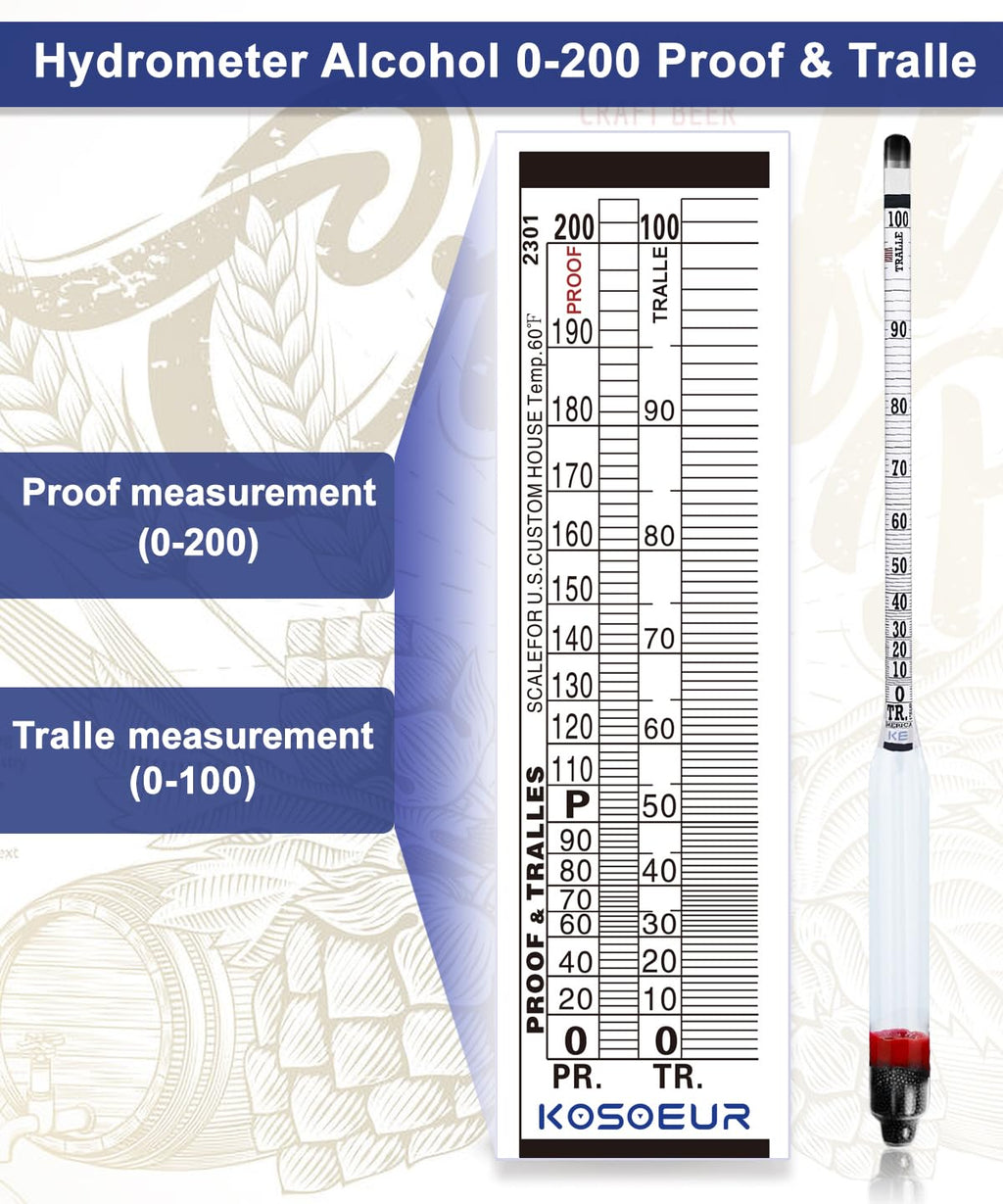Hydrometer Alcohol Meter Kit, Hydrometer Alcohol 0-200 Proof and Tralle, Alcohol Tester for Liquor, Alcohol