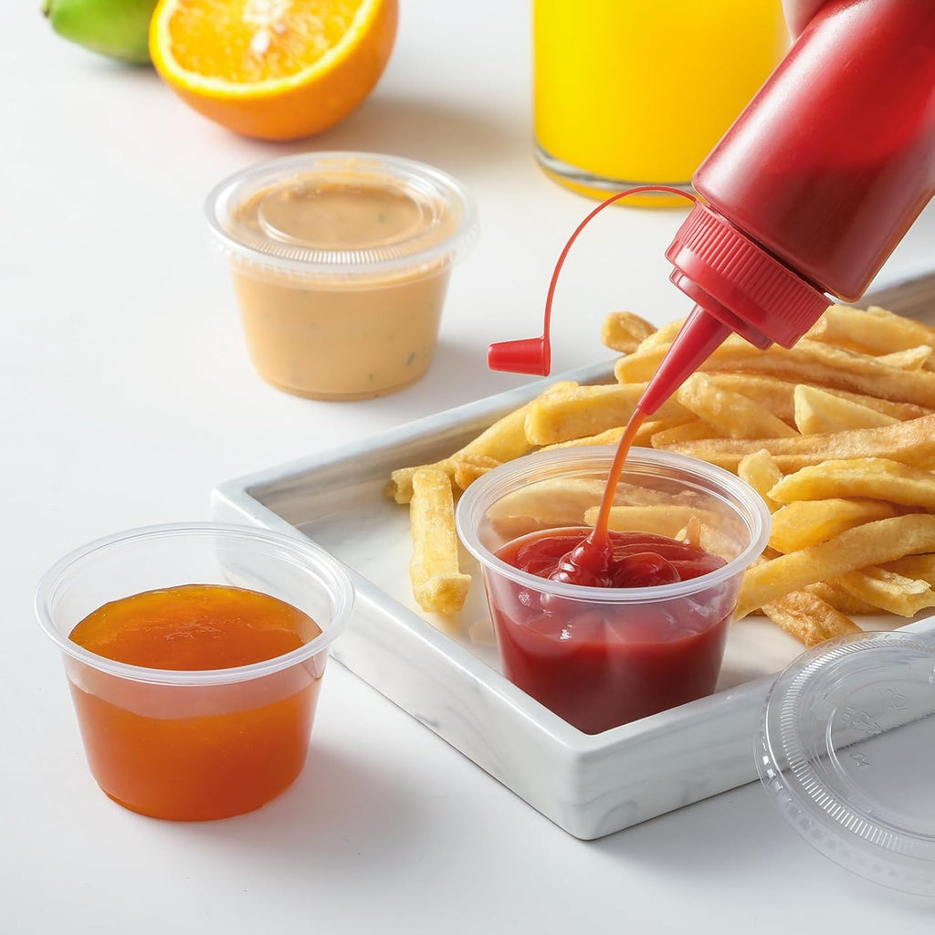 400 Set 4 oz Portion Cups, Jello Shot Cups with Lids, Disposable Plastic Condiment Dipping Sauce Cup, Small