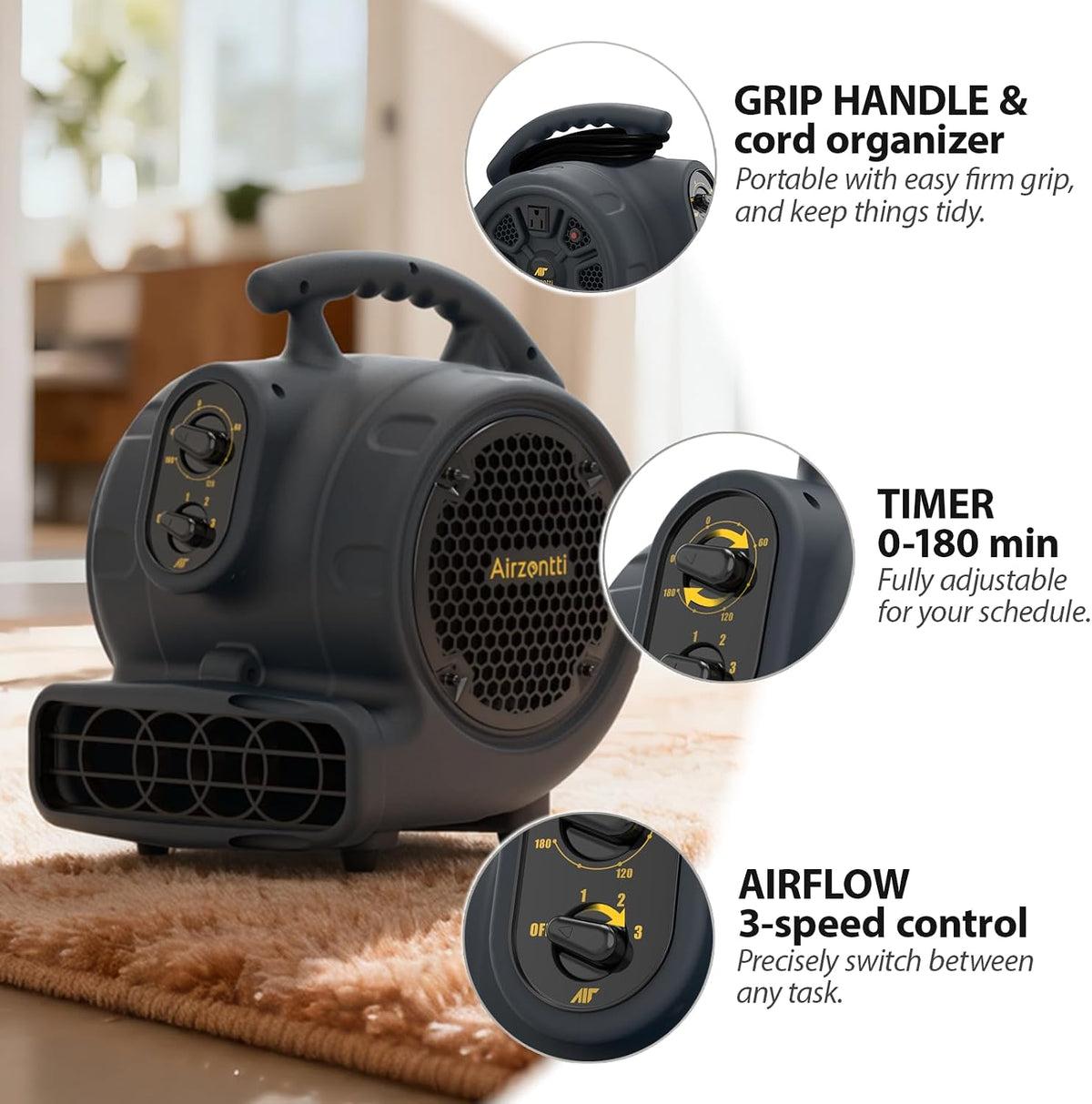 1100 CFM 3-Speed Industrial Air Mover Floor Blower Fan with Timer | 1/4 HP High Velocity Industrial Floor & Carpet