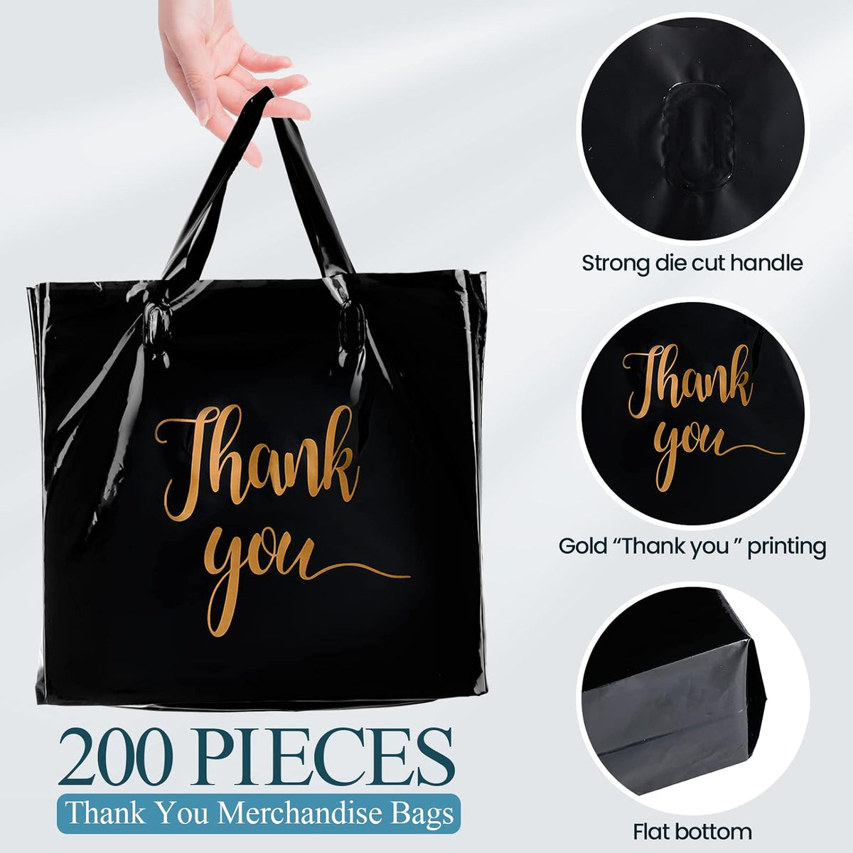 200 Pcs Thank You Shopping Bags with Handle,Black