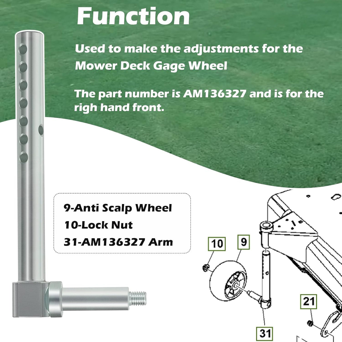 AM136327 Mower Deck Gage Wheel Arm Right Front or Left Rear 3/4” Dia. for John Deere X300, X304, X310, X320, X324, X340, X360, X500, X530, X534, X540, 570, X590, 48In & 54In Mower Decks