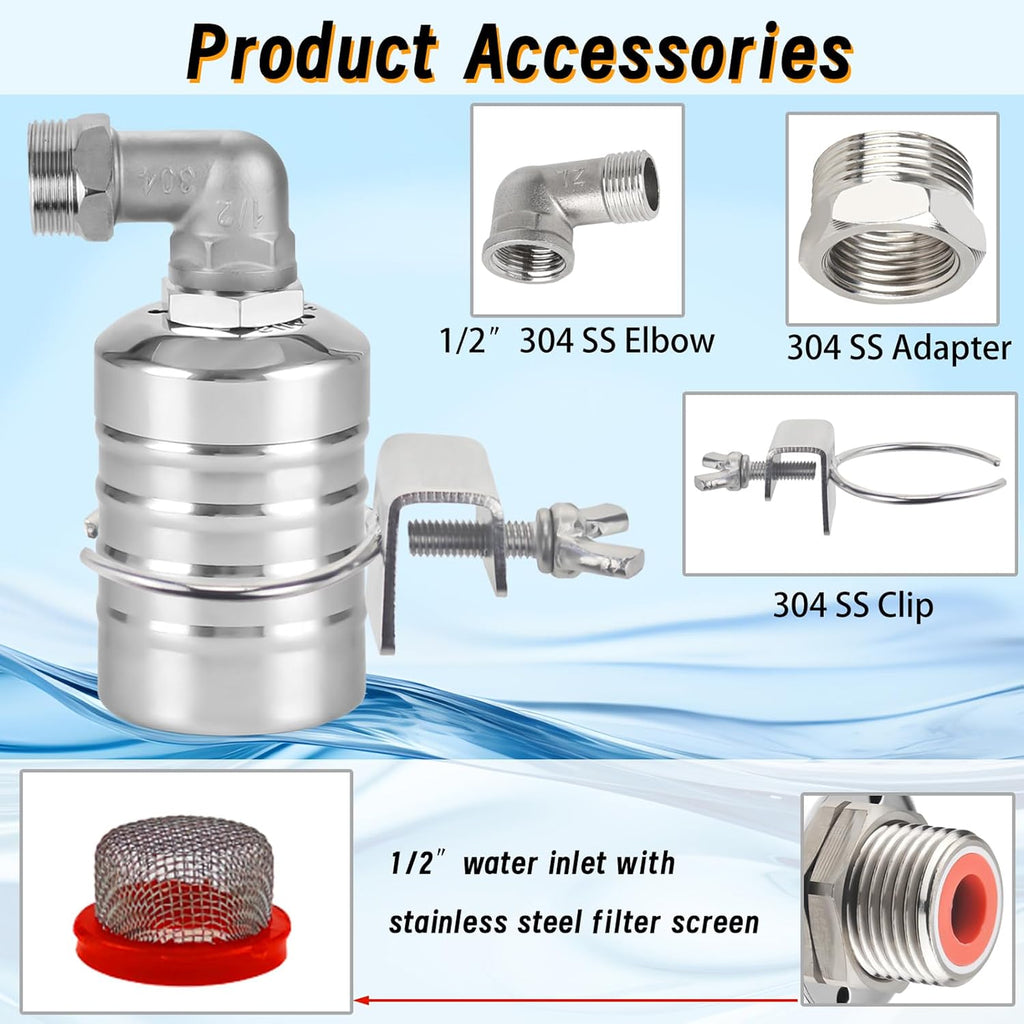 2-Pack Float Valve, 1/2" to 3/4'' 1" 304 Stainless Steel Fully Automatic Water Level Controller Water Float Valve for