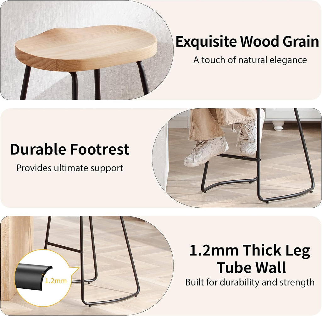 Backless Bar Stools Set of 3, 26" Wood Saddle Counter Stools