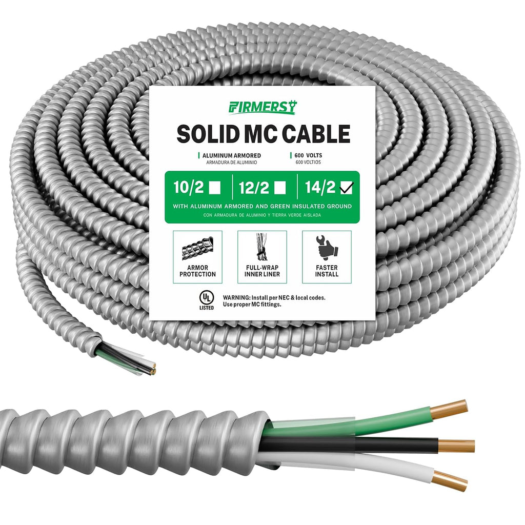 FIRMERST 14/2 MC Cable with Ground, 100 FT, Solid Copper, Armored, 600V