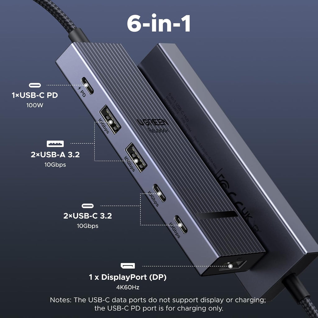 Revodok Pro 6 in 1 USB-C Hub to DisplayPort 4K 60Hz, 100W PD | 10Gbps USB-A and USB-C 3.2 for MacBook Neo/Pro/Air