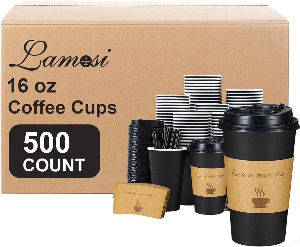 500 Pack 16 oz Coffee Cups, Disposable To Go Paper Cups with Lid