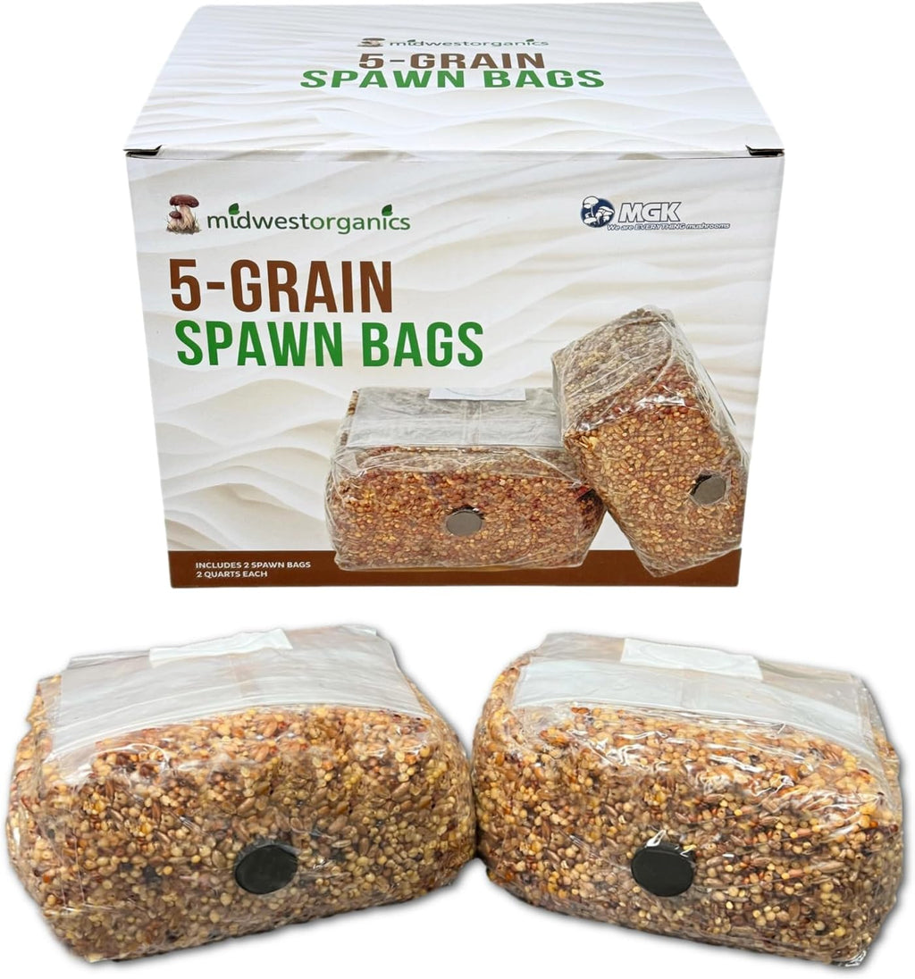 Premium 5-Grain Mushroom Spawn Bags | Sterilized Grain Spawn | Injection Ports | 2 Quarts Each Bag | 2 Bags per Box