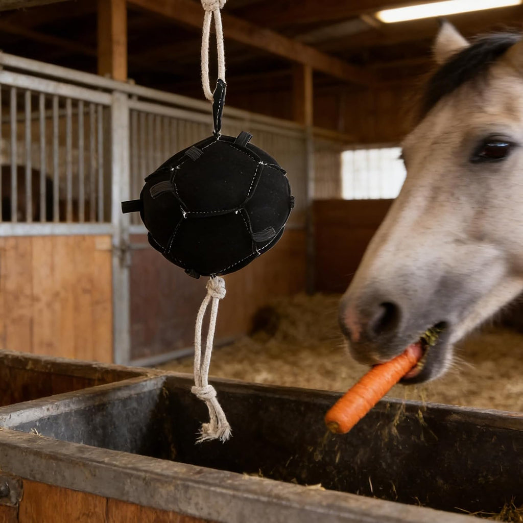 Horse Treat Ball Interactive Slow Feed for Barn Animals and Horses with Rewarding Carrot Mechanism and Fabric Material