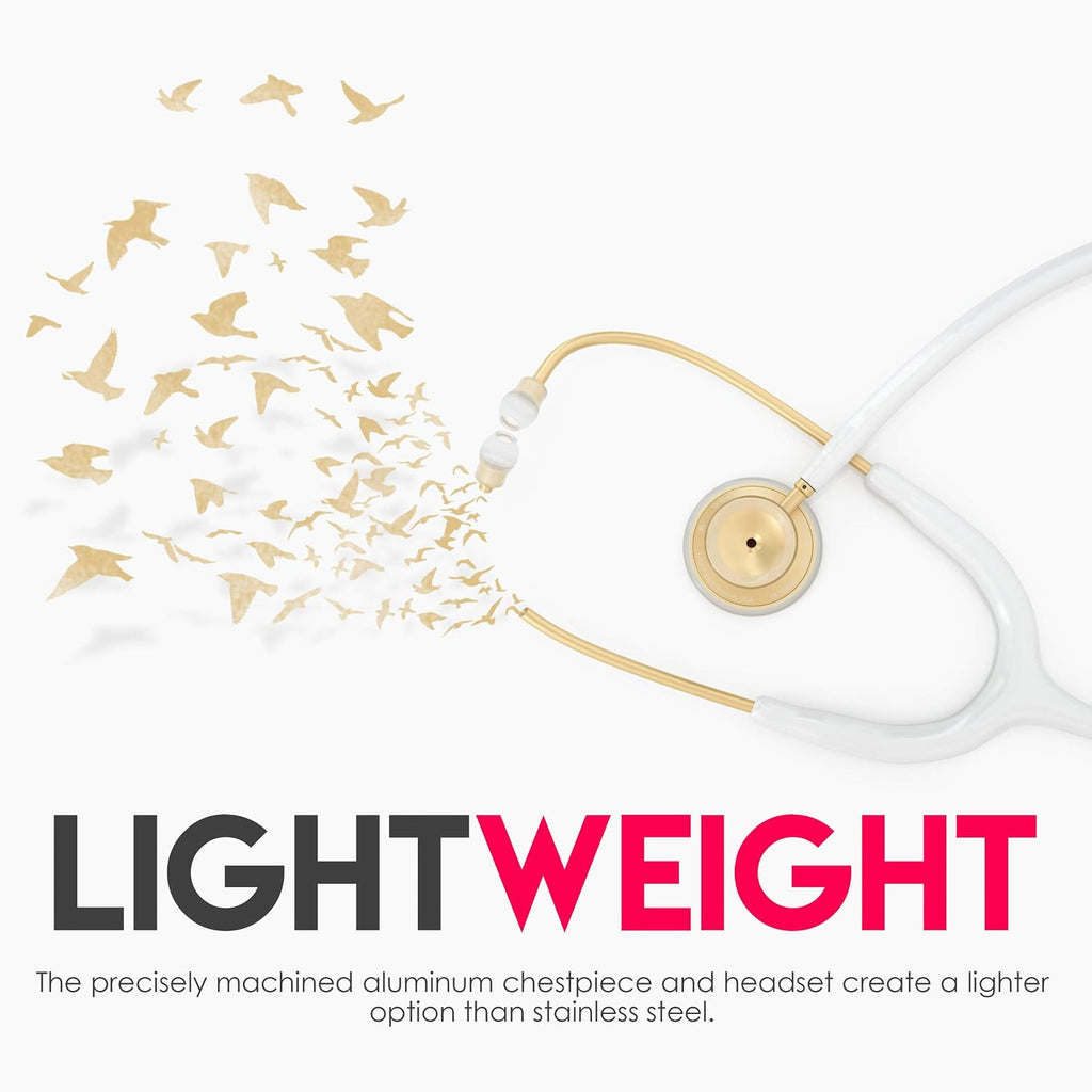 Acoustica Lightweight Stethoscope for Doctors, Nurses, Students, Home Health Use, Adult, Dual Head, White Tube, Gold