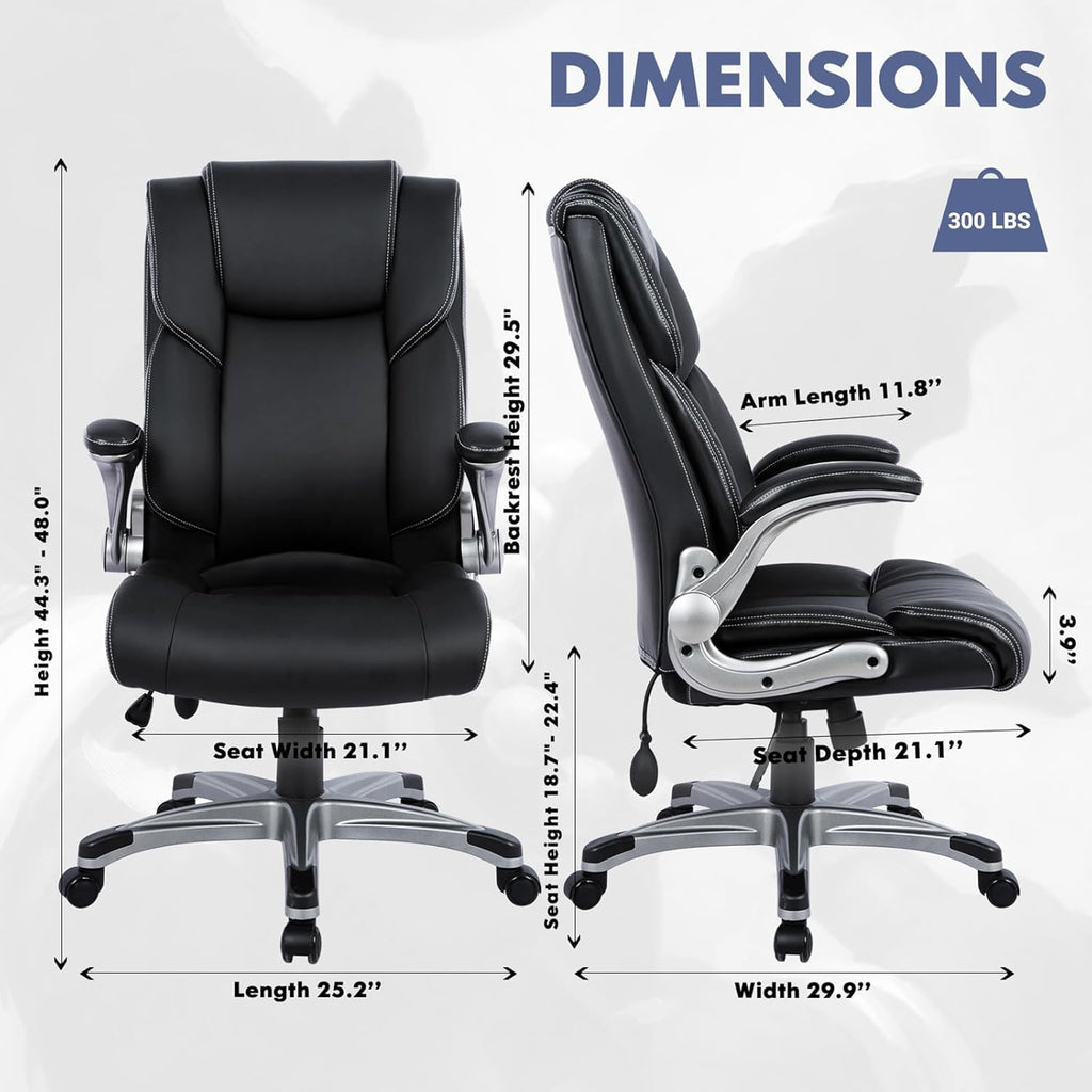 High Back Executive Office Chair - Padded Leather Ergonomic Computer Desk Chair with Inflatable Lumbar Support &