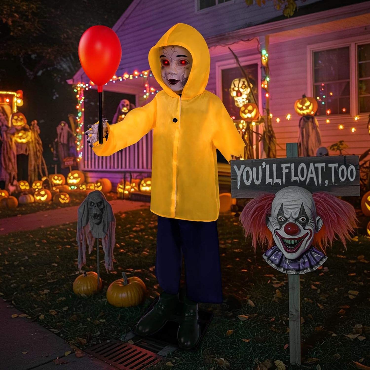 4 Ft Life Size Halloween Animatronics Prop with Sound & Touch | With Activated Sensor and Light Up Balloon, Halloween