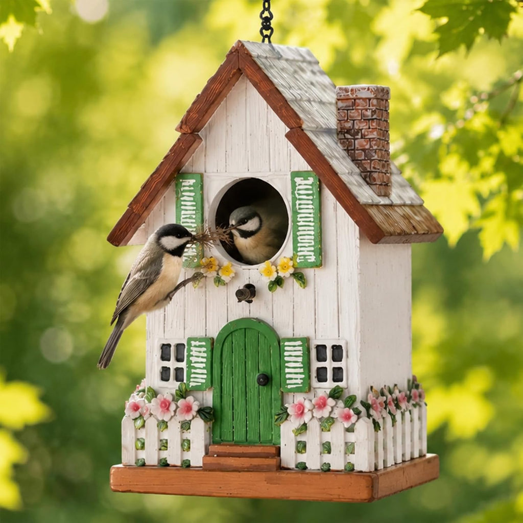 Bird Houses for Outside, Rustic Cottage Hanging Birdhouse with Thatch Roof, Hand-Painted Resin Hummingbird House