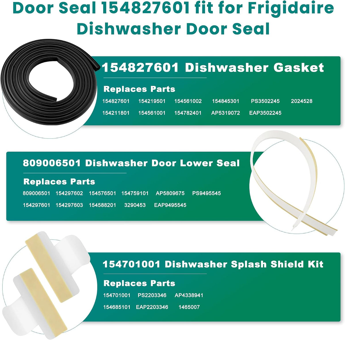 Dishwasher Door Seal Gasket fit for Frigidaire Gallery Kenmore Sears Electrolux Dishwasher Replacement Parts,Kit Includes Door Gasket 154827601,Lower Seal 809006501,Splash Shield 154701001 prime&swift