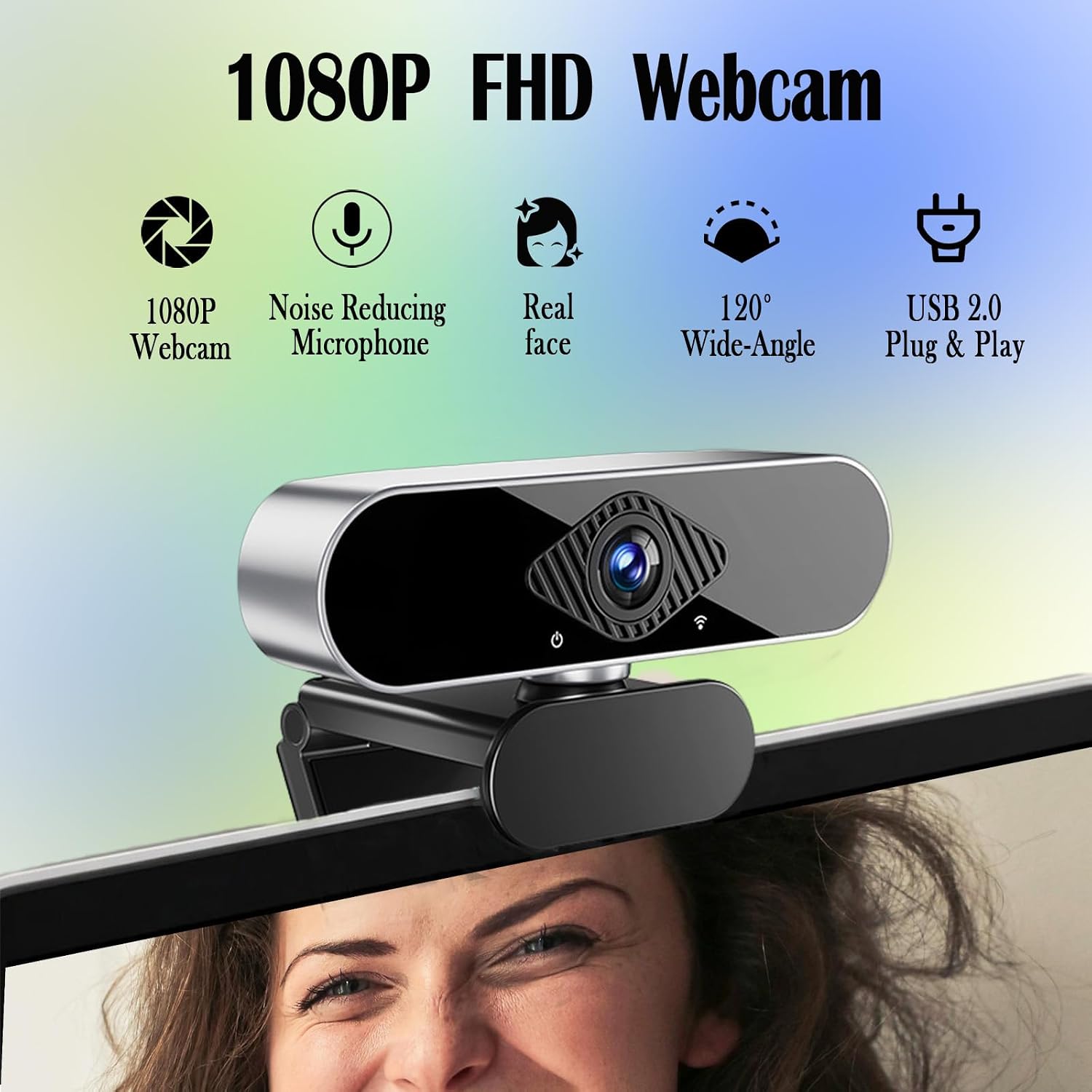 1080P Webcam for PC/Laptop, USB Webcam with Microphone, Noise Cancellation, Support Beauty, Plug & Play with Auto