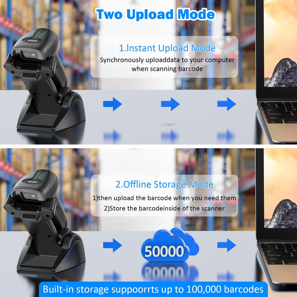 QR Industrial Bluetooth Barcode Scanner with Wireless Charging Stand, Wireless 2D 1D Bar Code Scanner Drop Protection