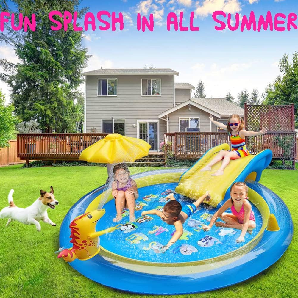 Dinosaur Inflatable Play Center, Kids Round Wading Swimming Pool with Slide, Dinosaur Sprinkle, Mushroom Shade for