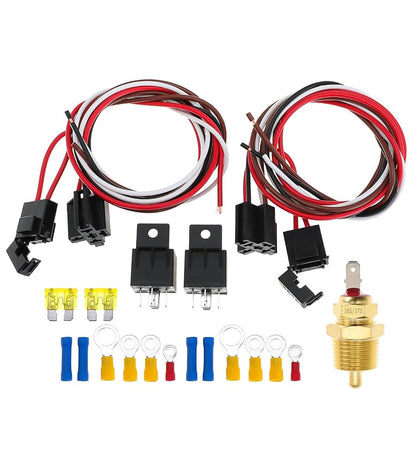Dual Electric Fan Relay Kit, Radiator Electric Fan Wiring Kit | with Temperature Sensor Switch 185 On 175 Off, 4